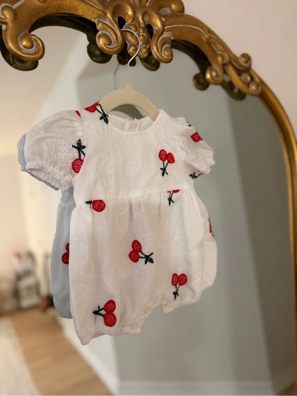White Baby Romper with Red Cherry Embroidery